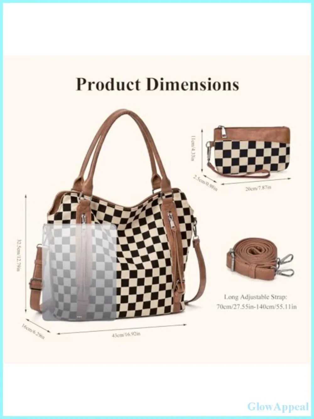 Checkered Tote Bag PU Leather Canvas Women's Hobo Shoulder Purse Large Plaid